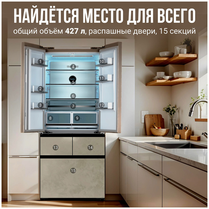 Многокамерный холодильник Tesler RFD-427BI MARBLE BEIGE No frost, бежевый фото 4