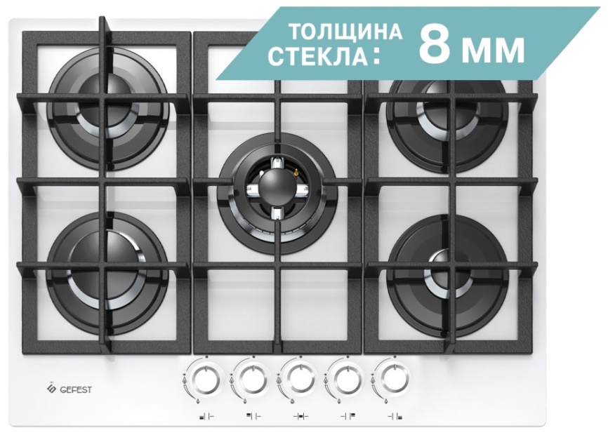 Газовая варочная панель Gefest ПВГ 2342 К12 70 см, 5 конфорок электроподжиг газконтроль, белый фото 1