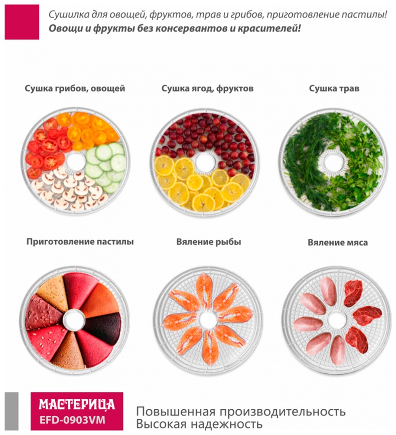 Сушилка для овощей и фруктов Мастерица EFD-0903VM + 2 поддона д/пастилы и лопатка фото 5