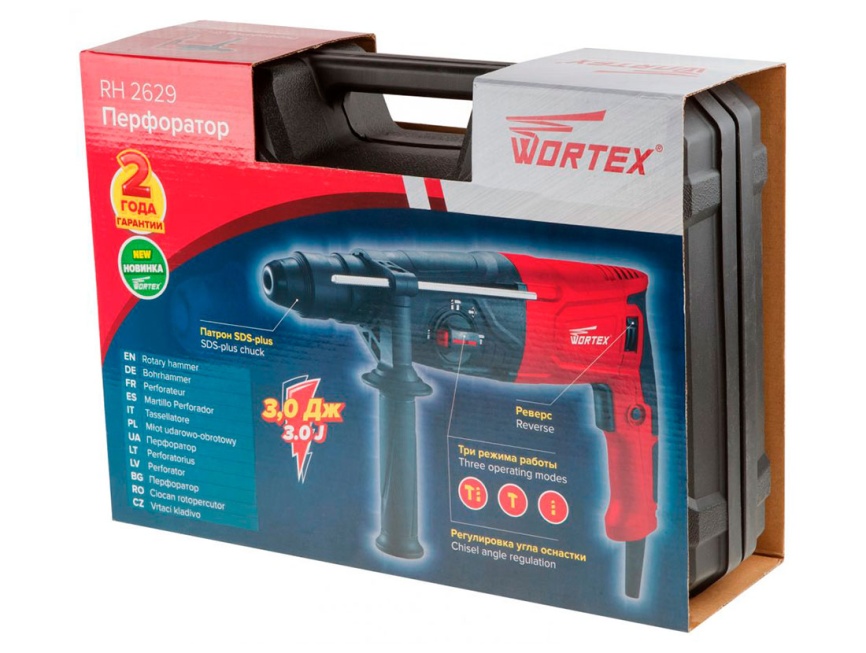 Перфоратор Wortex RH 2629, в чемодане, 2 зубила, 3 сверла, 800 Вт, 3.0 Дж, 3 режима, патрон SDS-plus, быстросъемный БЗП, вес 3.1 кг, (RH262901) фото 3
