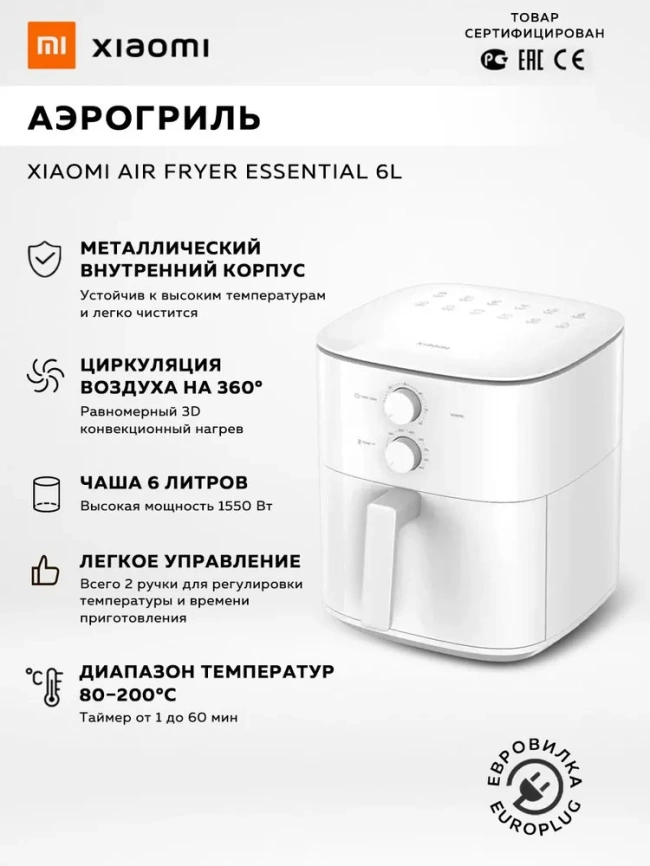 Аэрогриль Xiaomi Air Fryer Essential 6L EU Аэрогриль Xiaomi Air Fryer Essential 6L EU фото 3