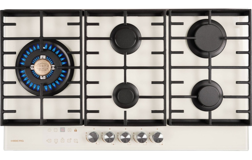 Газовая варочная панель Hiberg VM 9155 Y 87 см, 5 конфорок электроподжиг газконтроль, бежевый фото 2