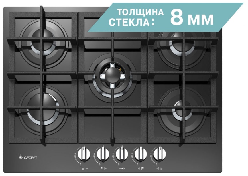Газовая варочная панель Gefest ВГ 2342 70 см, 5 конфорок электроподжиг газконтроль, черный фото 1