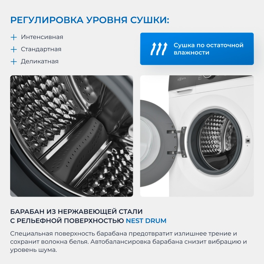 Стиральная машина с сушкой Zugel ZWDF10712I Inverter Steam DD 10 кг, белый фото 6