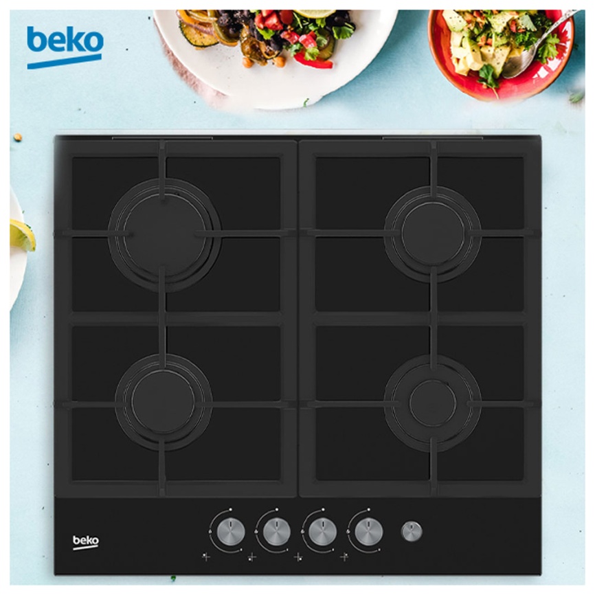 Газовая варочная панель Beko HILG 64235 S 59 см, 4 конфорки электроподжиг газконтроль, черный фото 2