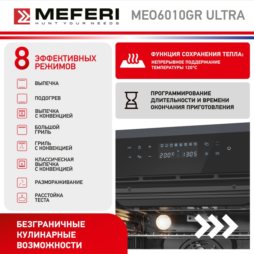 Электрический духовой шкаф Meferi MEO6010GR ULTRA 59 см, 65 л гриль конвекция, серый фото 23