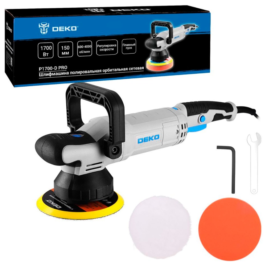 Шлифмашина полировальная орбитальная сетевая Deko P1700-D PRO, 150 мм, 1700 Вт, черно-синий фото 7