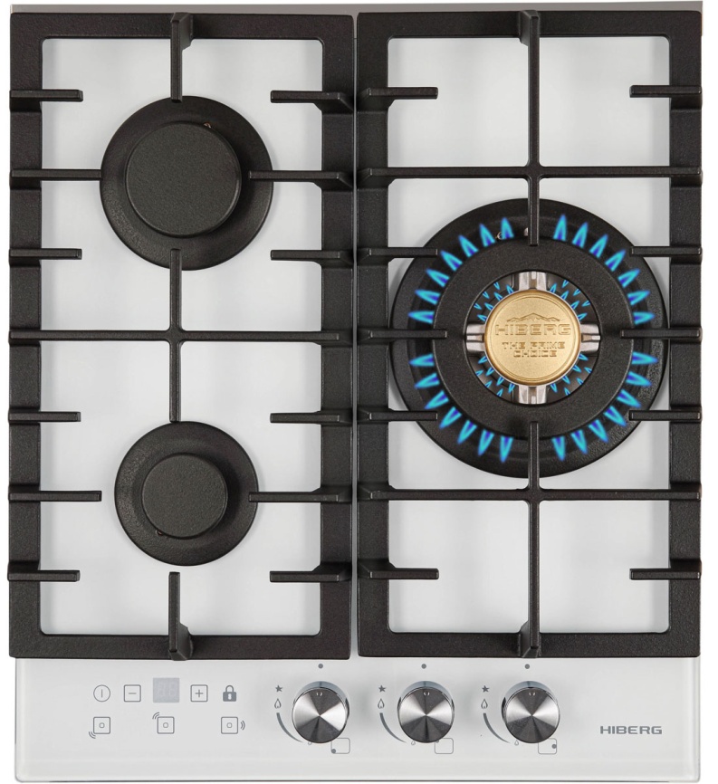 Газовая варочная панель Hiberg VM 4535 W 45 см, 3 конфорки электроподжиг газконтроль, белый фото 1