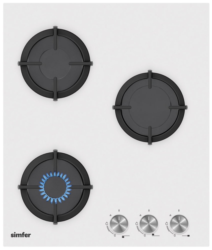 Газовая варочная панель Simfer H45N30W416 44 см, 3 конфорки электроподжиг, белый фото 1