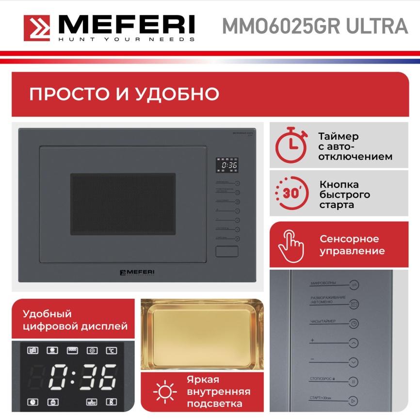 Встраиваемая микроволновая печь СВЧ Meferi MMO6025GR ULTRA фото 11