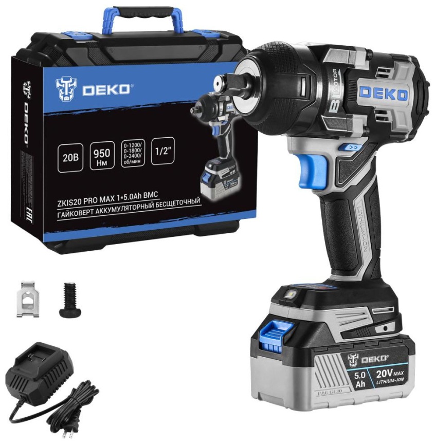 Гайковерт Deko ZKIS20 PRO MAX, в кейсе, черно-синий (083-1089) фото 1