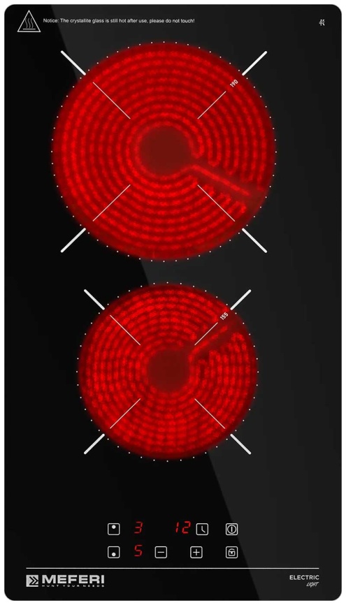 Электрическая варочная панель Meferi MEH302BK LIGHT 30 см, 2 конфорки стеклокерамика, черный фото 1