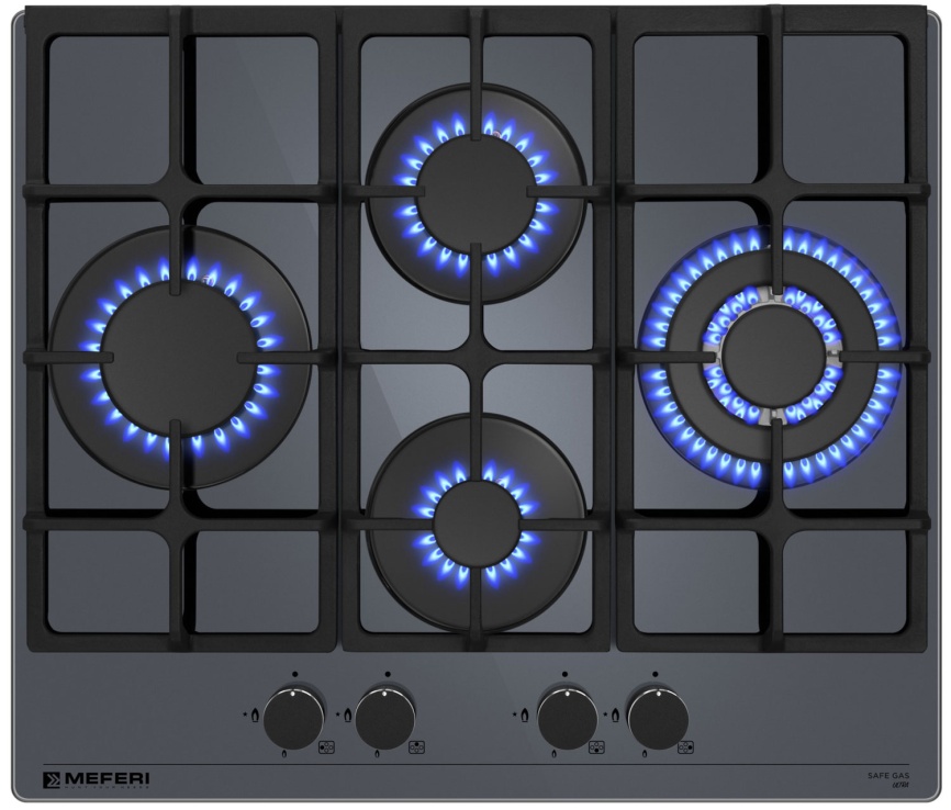Газовая варочная панель Meferi MGH604GR GLASS ULTRA 60 см, 4 конфорки электроподжиг газконтроль, серый фото 1