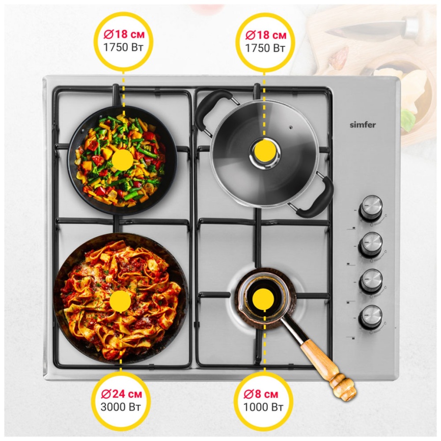 Газовая варочная панель Simfer H 60 Q 40 M 411 60 см, 4 конфорки электроподжиг, серебристый фото 8