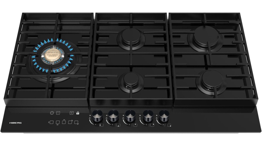 Газовая варочная панель Hiberg VM 9155 B 87 см, 5 конфорок электроподжиг газконтроль, черный фото 3