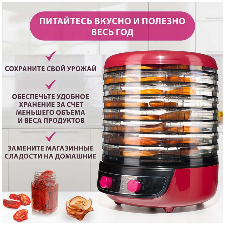 Сушилка для овощей 3 в 1 Мастерица с функциями приготовления йогурта и десертов EFD-2000, вишнево-черный фото 7