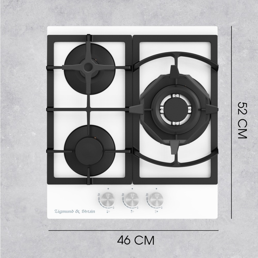 Газовая варочная панель Zigmund & Shtain M 26.4 W 46 см, 3 конфорки электроподжиг газконтроль, белый фото 14