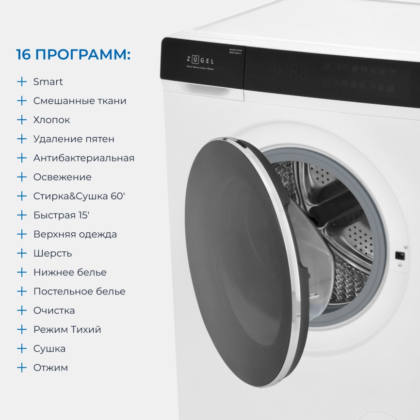 Стиральная машина с сушкой Zugel ZWDF128141I 12 кг, белый фото 5