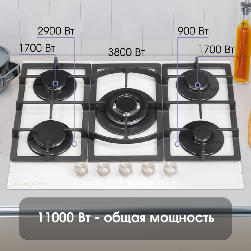 Газовая варочная панель Zigmund & Shtain M 26.7 W 69 см, 5 конфорок электроподжиг газконтроль, белый фото 5