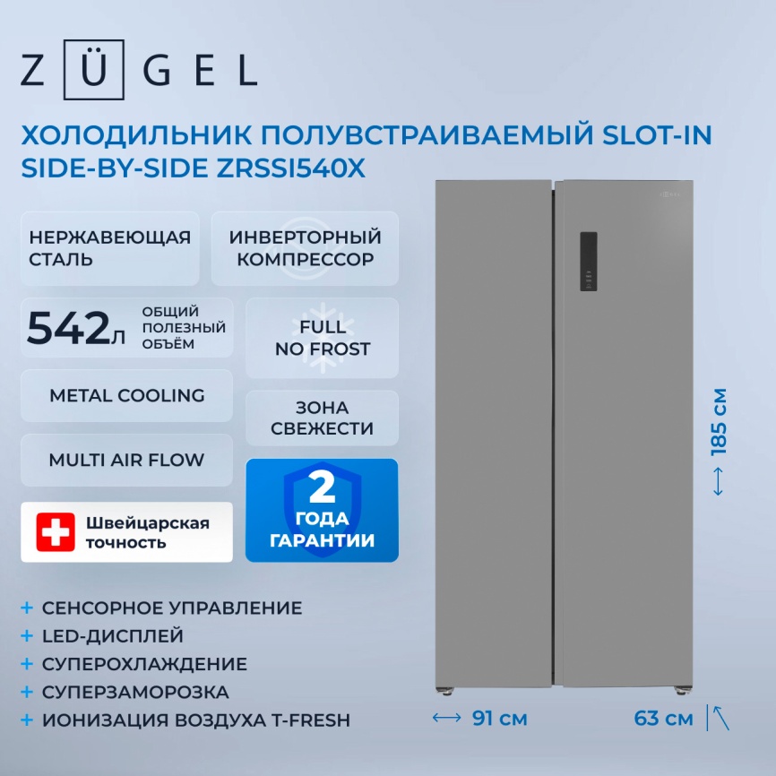 Холодильник Side-by-Side Zugel ZRSSI540X No frost, серый металлик фото 3