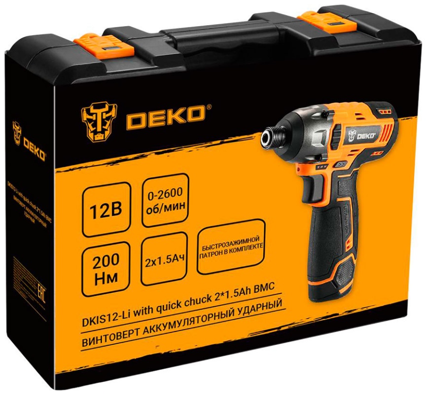 Винтоверт аккумуляторный ударный  Deko DKIS12-Li, с быстрозажимным патроном, 12В, 2*1.5 Ач, в кейсе, желто-черный фото 5