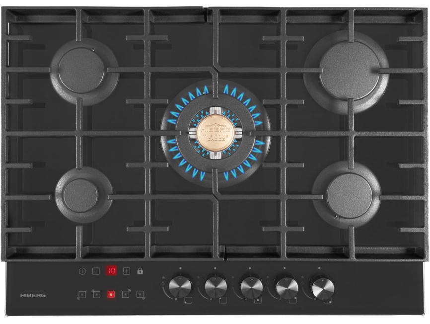 Газовая варочная панель Hiberg VM 7155 B 68 см, 5 конфорок электроподжиг газконтроль, черный фото 1