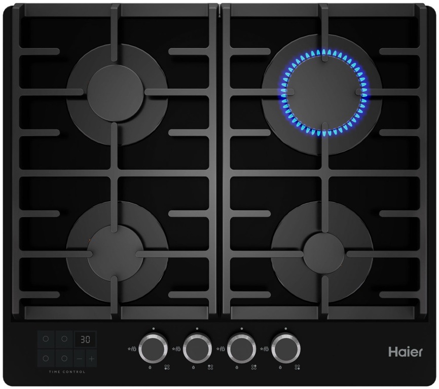 Газовая варочная панель Haier HHX-G64CNSB 58 см, 4 конфорки электроподжиг газконтроль, черный фото 1