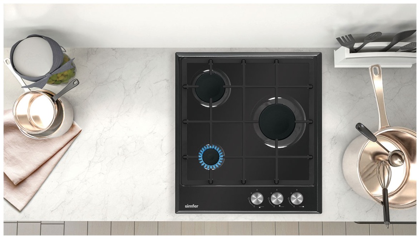 Газовая варочная панель Simfer H45V30B416 44 см, 3 конфорки электроподжиг, черный фото 2